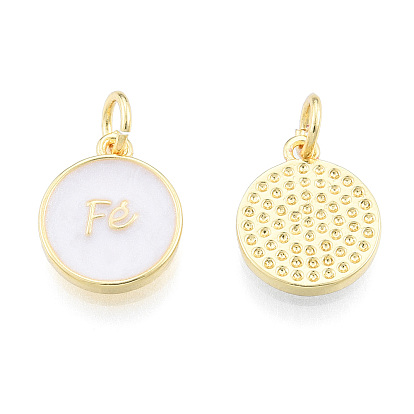 Brass Enamel Charms, with Jump Rings, Nickel Free, Real 18K Gold Plated, Flat Round with Word Fe