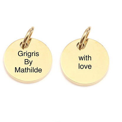 304 charmes en acier inoxydable, plat rond avec mot grigris par mathilde & with love