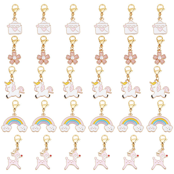50Шт подвесные украшения из сплава эмали, олень, единорог, цветок сакуры, конверт и радуга, с 304 из нержавеющей стали Lobster Claw застежками
