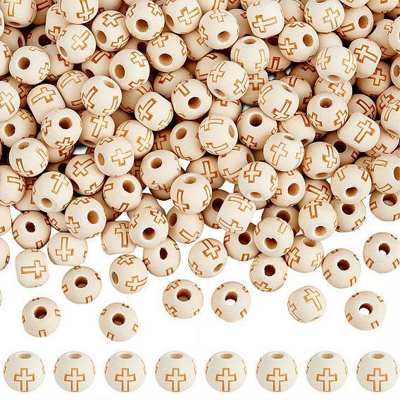 400Pcs Natural Round Wood Beads, Unfinished Wooden Spacer Beads, with Cross Pattern, Lead Free, Undyed