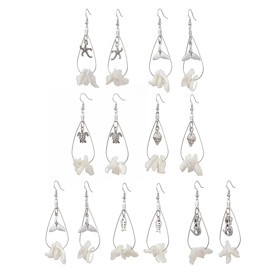 6 пары 6 стилей серьги с подвесками из натуральной трохидной ракушки, Сплав с подвесками, крючки для сережек из латуни и фурнитура 304 из нержавеющей стали, морская тема