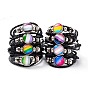 PU Leather Braided Cord Multi-strand Bracelet, Flat Round with Stripe Pattern Alloy Links and Beads Bracelet for Men Women, Platinum
