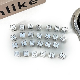 UV Plating Acrylic Beads, Square with Letter