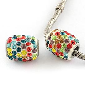 Handmade Polymer Clay Rhinestone European Beads, Large Hole Barrel Beads, with Platinum Tone Brass Single Cores