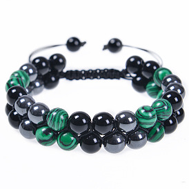 Natural Peacock Stone Double-layer Braided Black Obsidian Magnetic Bracelet for Men and Women Jewelry