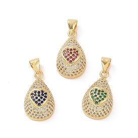 Brass Micro Pave Cubic Zirconia Pendants, Real 18K Gold Plated, Teardrop with Heart Pattern Charm