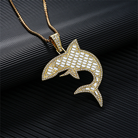 Alloy Rhinestones Shark Pendant Necklace, Hip-hop Style, Fashionable and Versatile