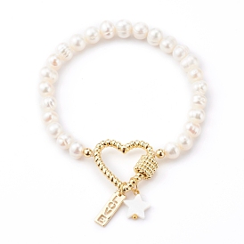 Brass Heart Link Bracelets for Valentine's Day, with Natural Pearl & Shell Beads, Rectangle with Word Love, Star, Golden, White