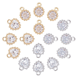 16Pcs 4 Style Brass Inlaid Clear Cubic Zirconia Charms, Heart & Flat Round