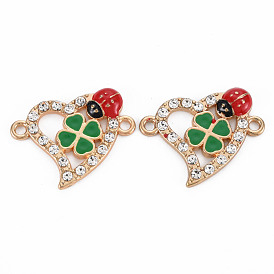 Alloy Links Connectors, with Enamel and Crystal Rhinestone, Light Gold, Heart with Ladybird