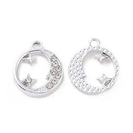 Alloy Rhinestone Pendants, Platinum Tone Flat Round with Moon and Star Charms