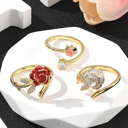 Кольца-манжеты из цветочной латуни с микропаве из кубического циркония, с эмалью для женщин, без кадмия и без свинца, стойки покрытие, реальный 18 k позолоченный