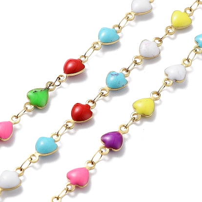 304 Stainless Steel Link Chains, with Resin & Enamel & Spool, Unwelded, Real 18K Gold Plated, Heart