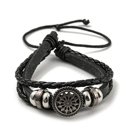 Bracelets multi-brins en cuir PU et triple couche ciré, bracelet réglable tressé avec maillons fleurs en alliage