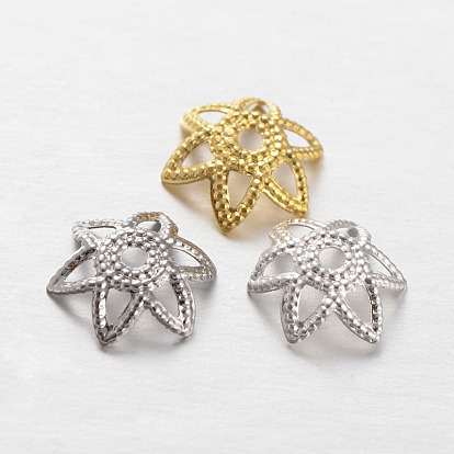 Латунь цветок шарик крышки, причудливые шапочки для бус, 6-лепесток, 7x2 мм, отверстие : 1 мм