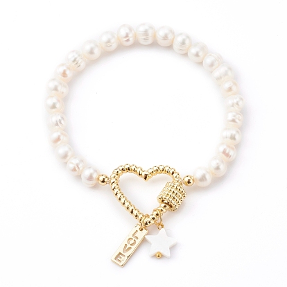 Brass Heart Link Bracelets for Valentine's Day, with Natural Pearl & Shell Beads, Rectangle with Word Love, Star, Golden, White