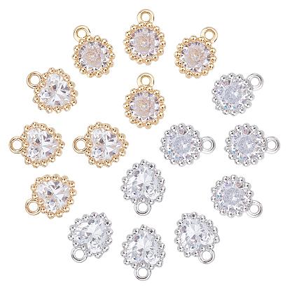 16Pcs 4 Style Brass Inlaid Clear Cubic Zirconia Charms, Heart & Flat Round