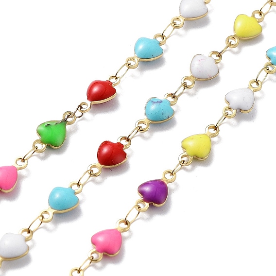 304 Stainless Steel Link Chains, with Resin & Enamel & Spool, Unwelded, Real 18K Gold Plated, Heart
