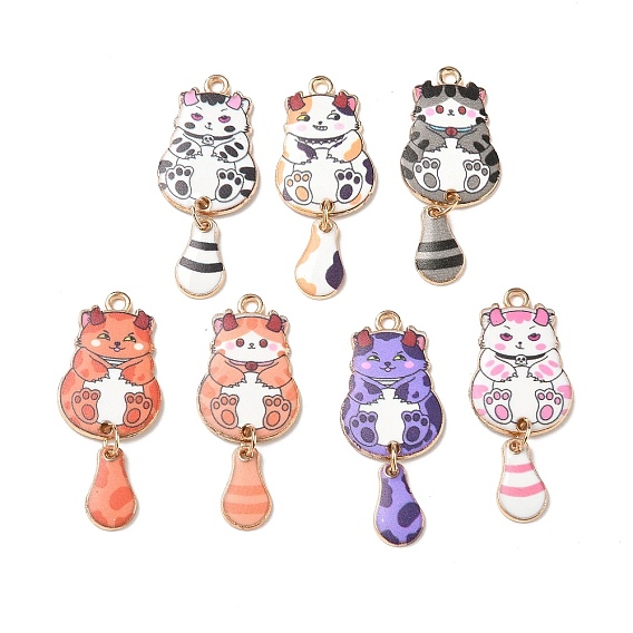 Printed Alloy Enamel Pendants, Cat Shape Charms, Golden