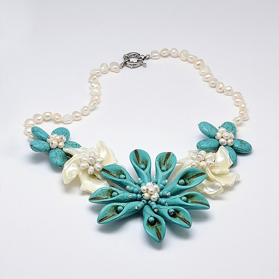 Калла лилия цветок акоя раковина нагрудник бусы, с латунными весной кольцевых застежками, драгоценный камень бисер и жемчуг, 20.4 дюйм