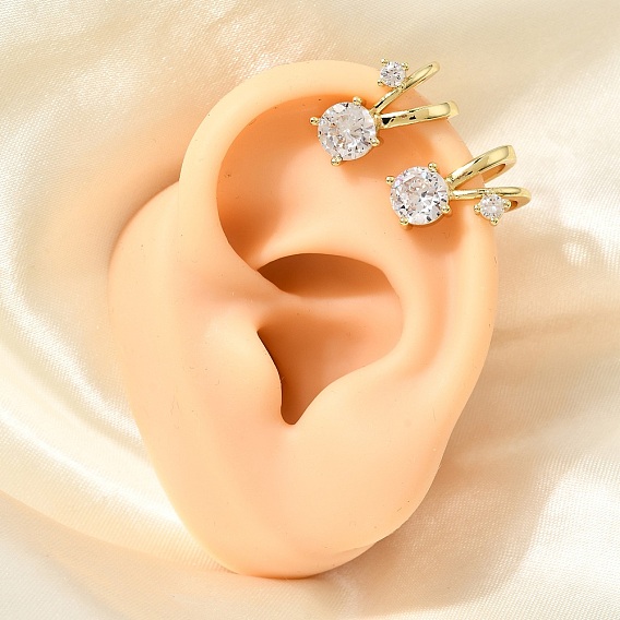 Brass Micro Pave Cubic Zirconia Cuff Earrings, Rack Plating, Round, Long-Lasting Plated, Cadmium Free & Lead Free, Real 18K Gold Plated