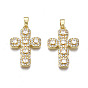 Brass Micro Pave Cubic Zirconia Pendants, Real 16K Gold Plated, Nickel free, Cross