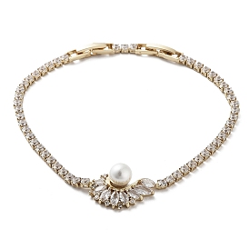 Flower Brass Link Bracelet with Clear Cubic Zirconia Tennis Chains, with ABS Plastic Imitation Pearl, Long-Lasting Plated
