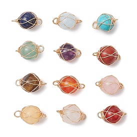 12Pcs 12 Styles Mixed Gemstone Copper Wire Wrapped Round Connector Charms, Golden