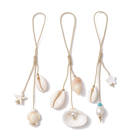 Natural Cultured Freshwater Pearl & Dyed Synthetic Turquoise & Clam Shell Mobile Straps, with Braided Nylon Thread