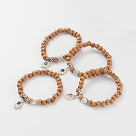 Bois perles bracelets extensibles, avec des perles de pierres précieuses naturelles et des accessoires en alliage, Bouddha et Hamsa main / main de Fatima / main de Miriam, 61mm