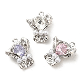 Rack Plating Alloy Rhinestone Pendants, with ABS Pearl Beads, Flower