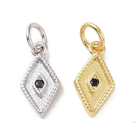 Rack Plating Brass Micro Pave Black Cubic Zirconia Charms, with Jump Ring, Long-Lasting Plated, Cadmium Free & Lead Free, Rhombus