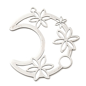 201 Stainless Steel Pendants, Laser Cut, Moon with Flower Charm