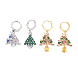 Christmas Tree Brass Pave Colorful Cubic Zirconia Dangle Asymmetrical Earrings, 304 Stainless Steel Huggie Hoop Earrings for Women