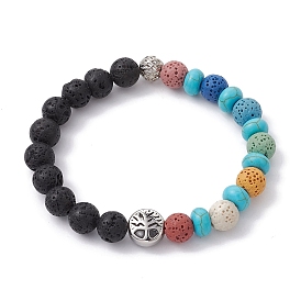 Natural Lava Rock & Synthetic Turquoise Beaded Stretch Bracelets, Round Hollow Ball & Tree of Life Bracelet for Women
