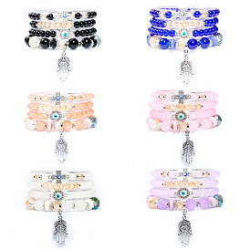 Bohemian Devil Eye Fashion Bracelet with Cross Charm and Palm Pendant, Multi-layered Jewelry