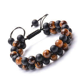 Tiger Eye Matte Stone Double Layer Bracelet with Natural Stone Weaving and Adjustable Design