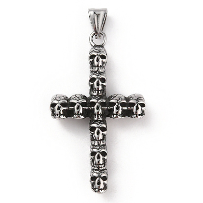 304 Stainless Steel Pendants, with 201 Stainless Steel Snap on Bails, Halloween Skull Cross Charm
