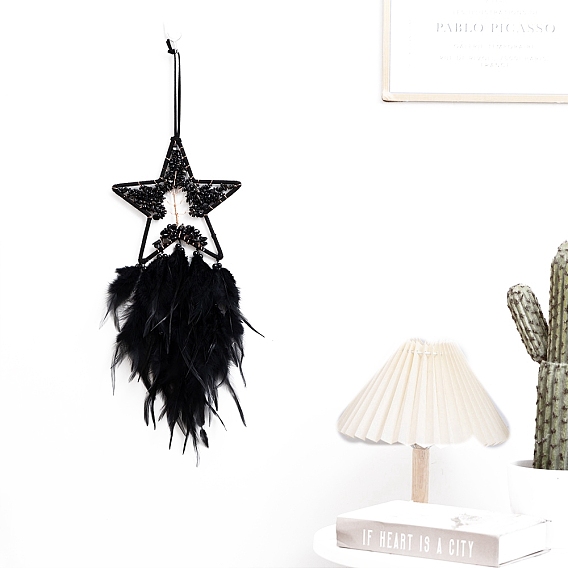 Звезда из кусочков натурального обсидиана, обернутая проволокой, с подвесными украшениями в виде дерева жизни, Тканая сетка/паутина с перьями для домашнего настенного декора