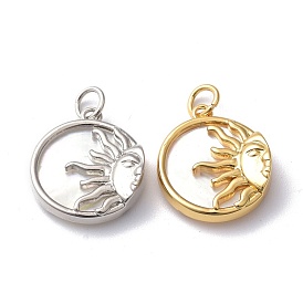 Natural Shell Pendants, with Brass Findings & Jump Ring, Long-Lasting Plated, Flat Round with Sun