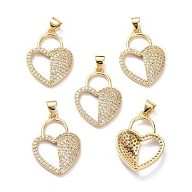 Brass Micro Pave Clear Cubic Zirconia Pendants, Cadmium Free & Lead Free, Long-Lasting Plated, Heart Lock