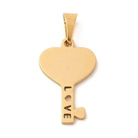 Ion Plating(IP) 304 Stainless Steel Pendants, Heart Key with Word Love Charm