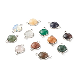 Natural & Synthetic Gemstone Links Connectors, with 304 Stainless Steel Findings, Stainless Steel color, Flat Round