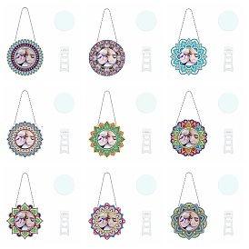 DIY Mandala Pattern Diamond Painting Mirror Pendant Decoration Kits, Including Resin Rhinestones, Pen, Tray & Glue Clay