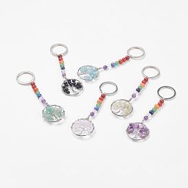 Gemstone Chakra Keychain, with Iron Key Rings and Brass Pendants, Ring with Tree of Life, Platinum