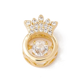 Brass Micro Pave Clear Cubic Zirconia Charms, Cadmium Free & Lead Free, Flat Round with Crown