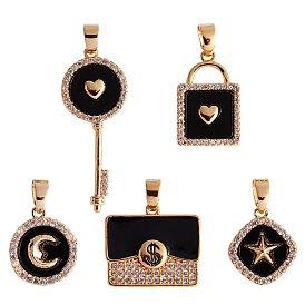 5 Style Brass Micro Pave Clear Cubic Zirconia Charms, with Enamel, Rhombus & Flat Round & Key & Lock & Lady Bags