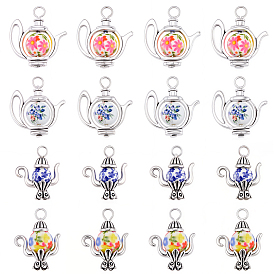 24Pcs 4 Styles Tibetan Style Alloy Pendants, Teapot Charms, with Glass and Acrylic, Antique Silver