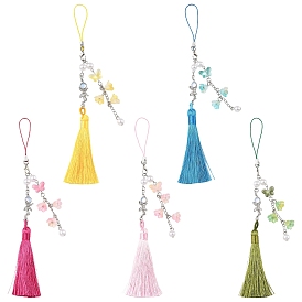 5 piezas 5 cuentas de vidrio de colores con decoraciones colgantes de flores y mariposas de perlas de plástico ABS, Con borla de poliéster, Platino