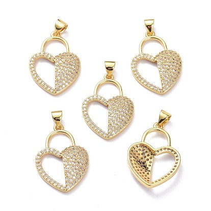 Brass Micro Pave Clear Cubic Zirconia Pendants, Cadmium Free & Lead Free, Long-Lasting Plated, Heart Lock